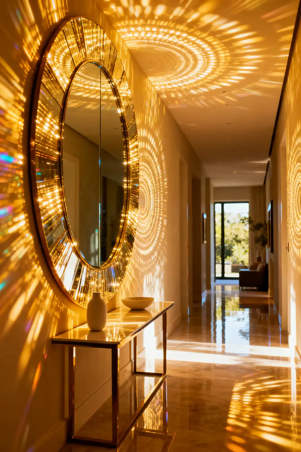 Elegant hallway featuring oversized mirrors that reflect light and create spaciousness