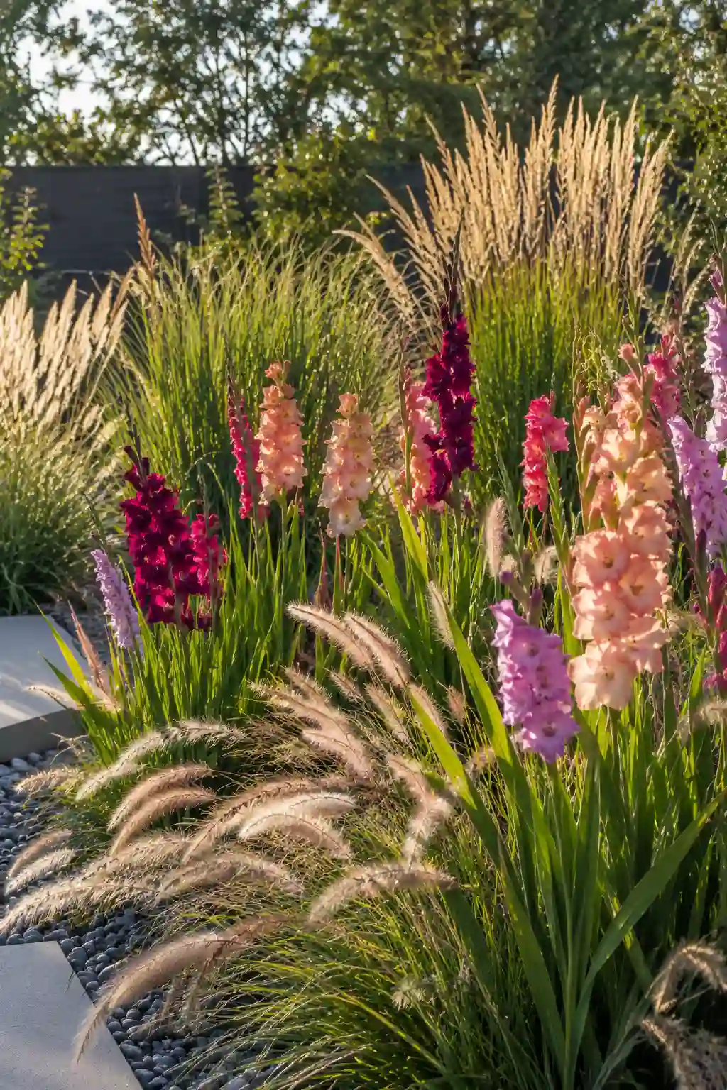 Gladiolus flowers paired with ornamental grasses in a modern garden