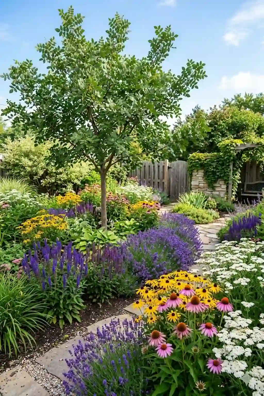 Pistachio tree surrounded by colorful flowering plants