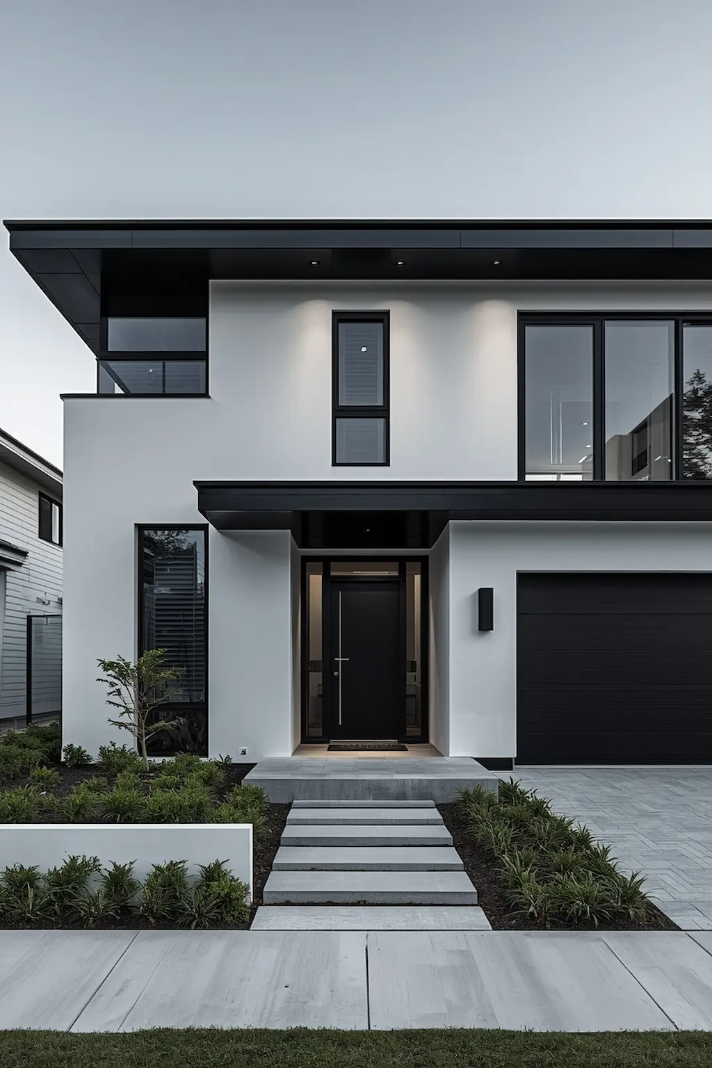 Contemporary home exterior with black soffits and bold architectural contrast