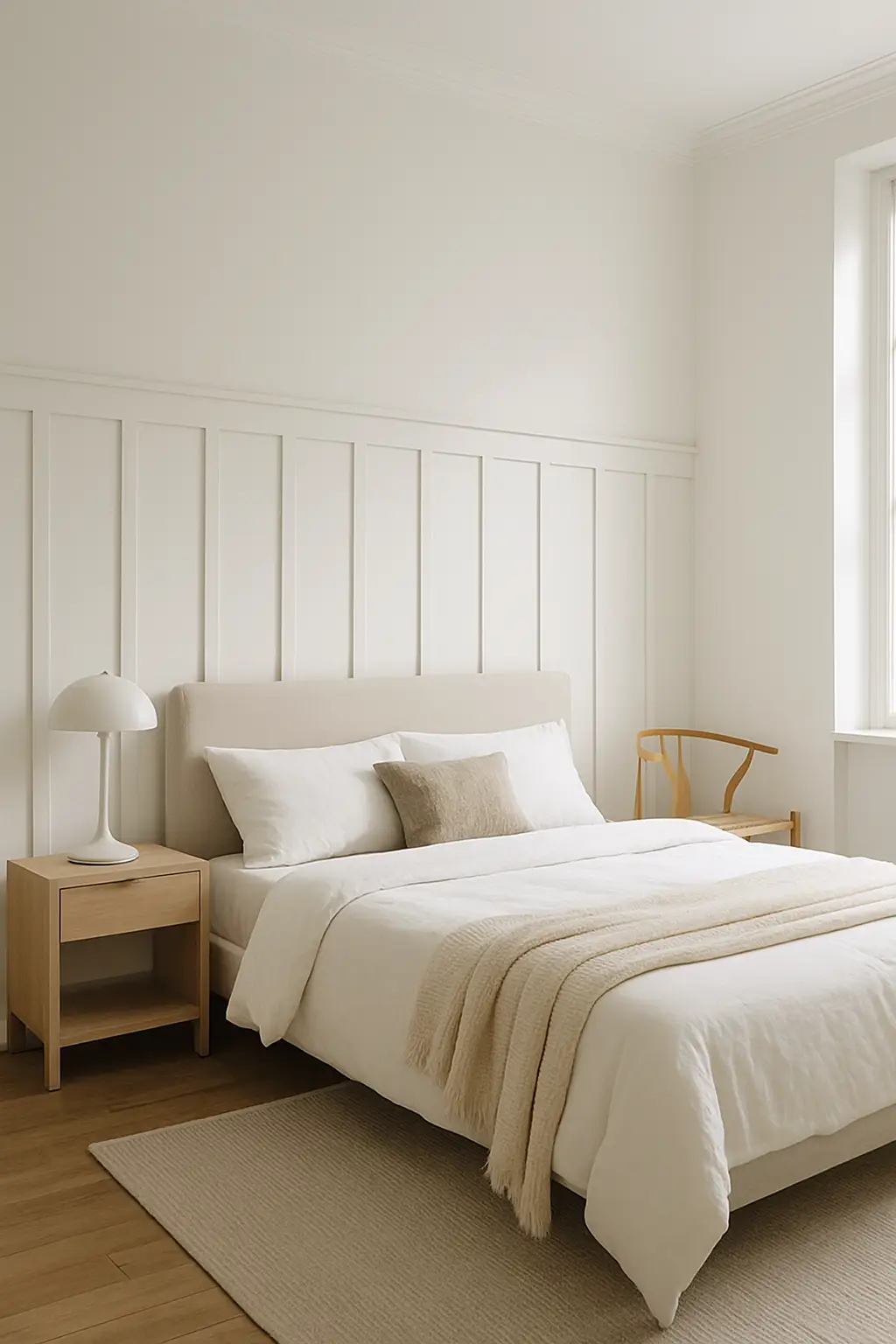 Modern bedroom featuring clean board and batten wall paneling with minimalist decor