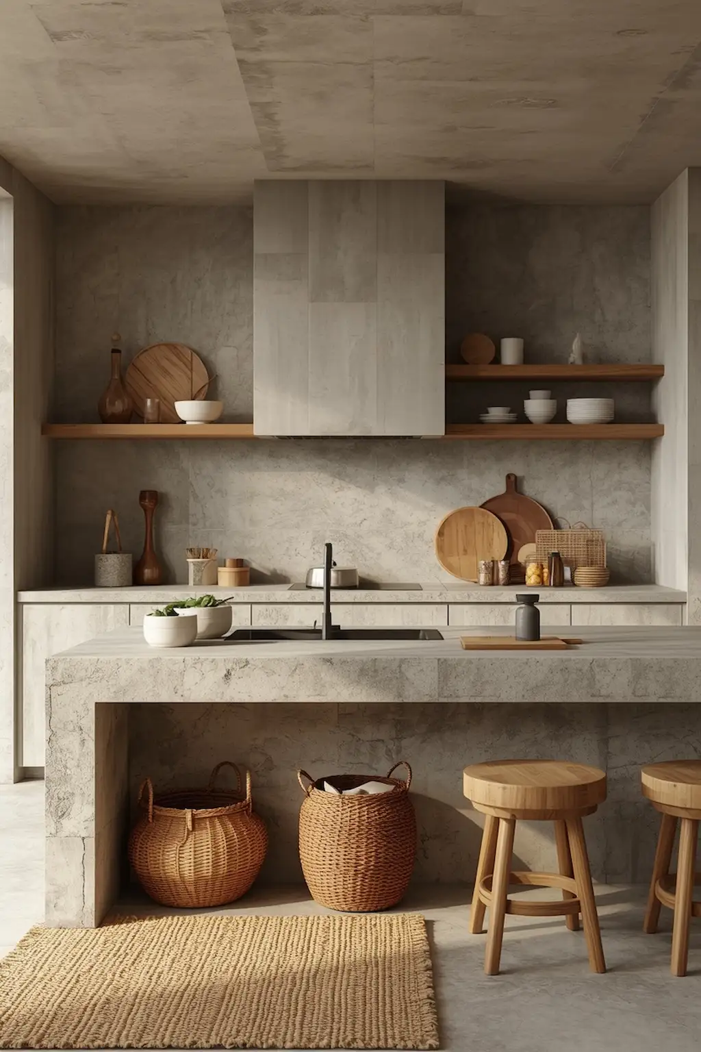 Contemporary kitchen with concrete countertops, wood accents, and woven decor