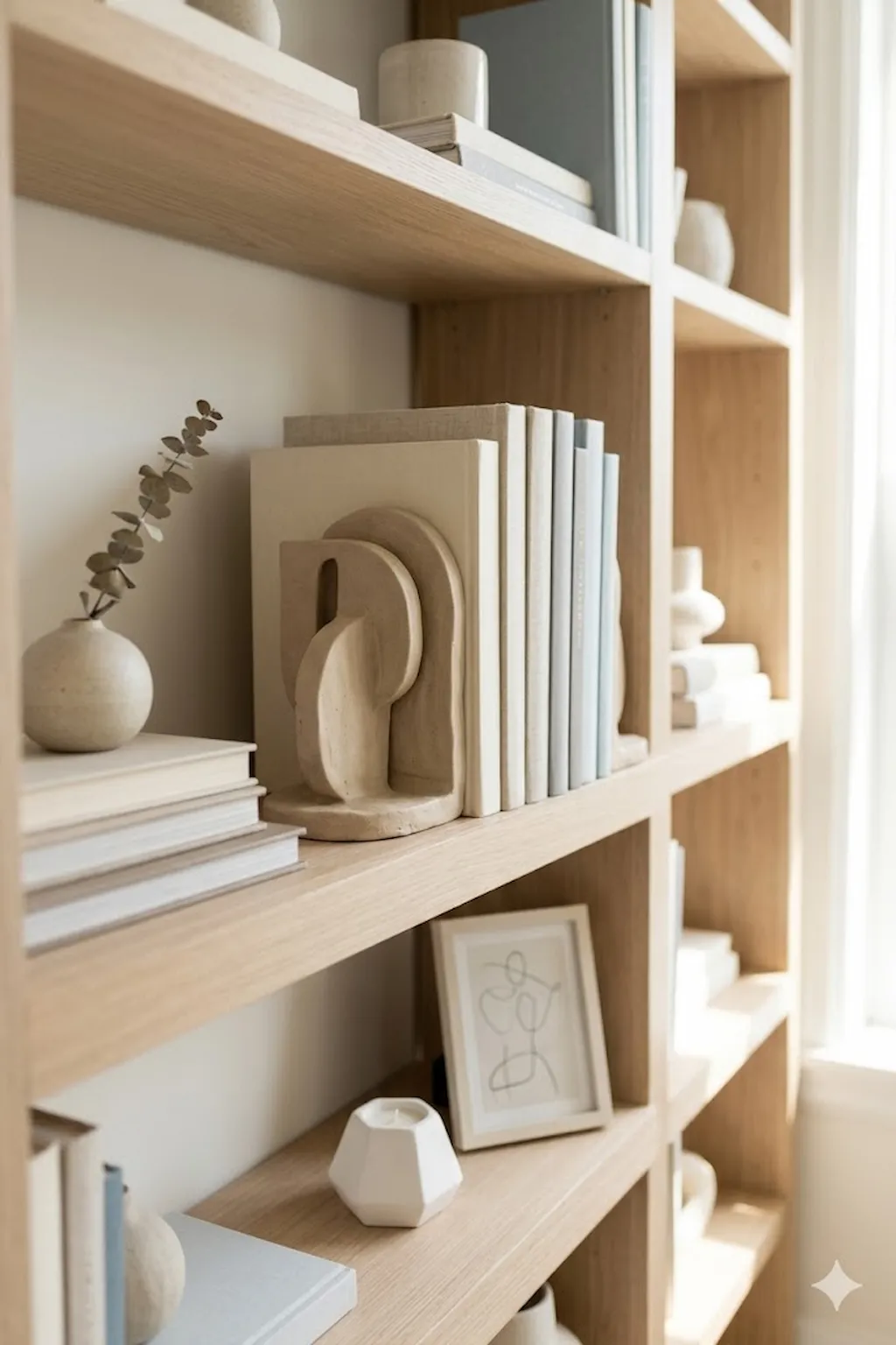 Sculptural clay bookends supporting books on a contemporary shelf