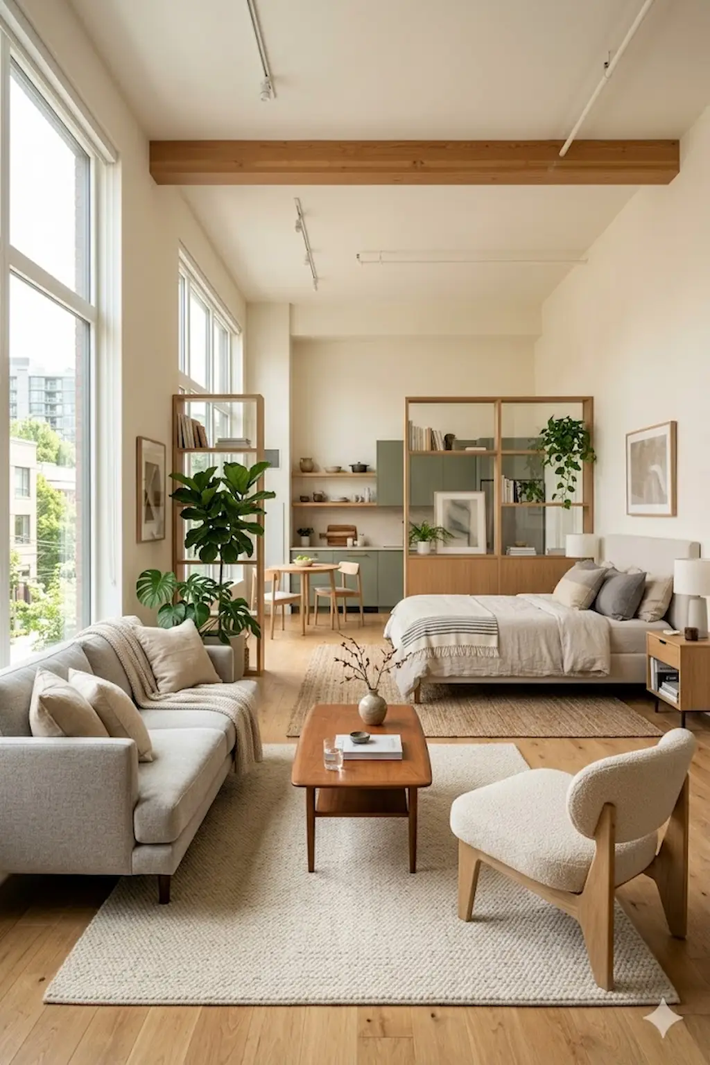 Studio apartment featuring floating furniture arrangement for better space flow