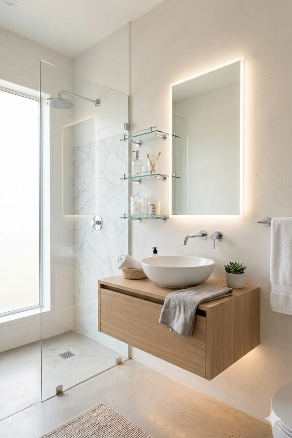 Contemporary bathroom with floating wood cabinet, natural oak finish, and clean minimalist design