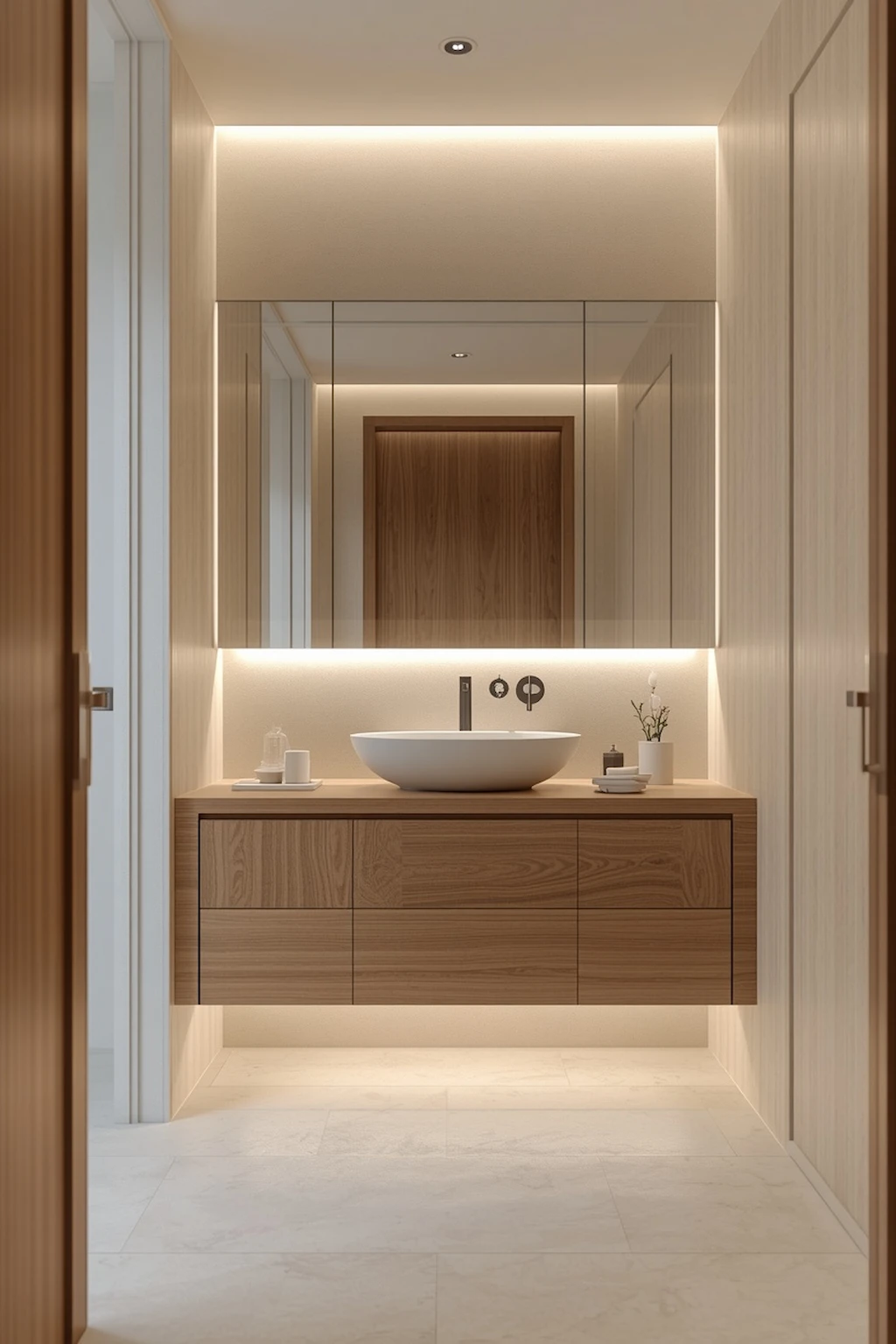Contemporary bathroom featuring a floating wood vanity cabinet with warm oak finish and minimalist styling