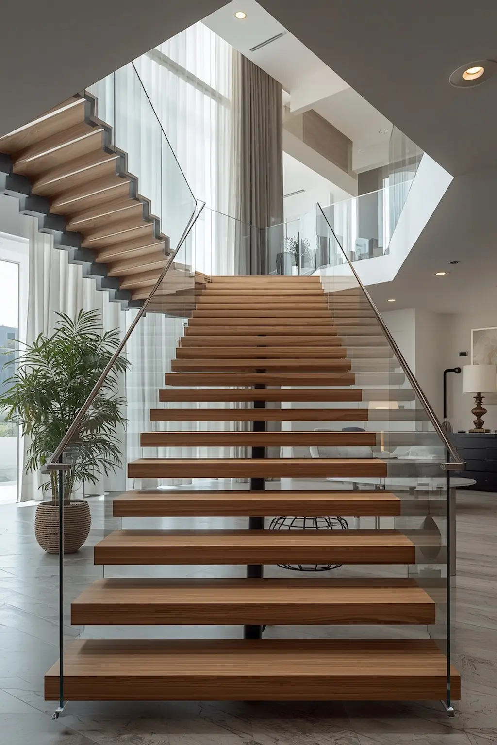 Contemporary floating staircase with wood treads and minimalist glass railings