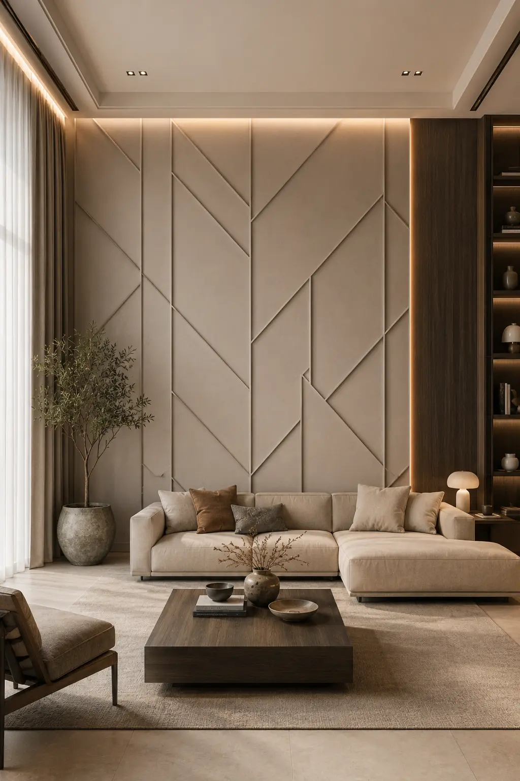 Modern living room featuring custom geometric wall panel molding