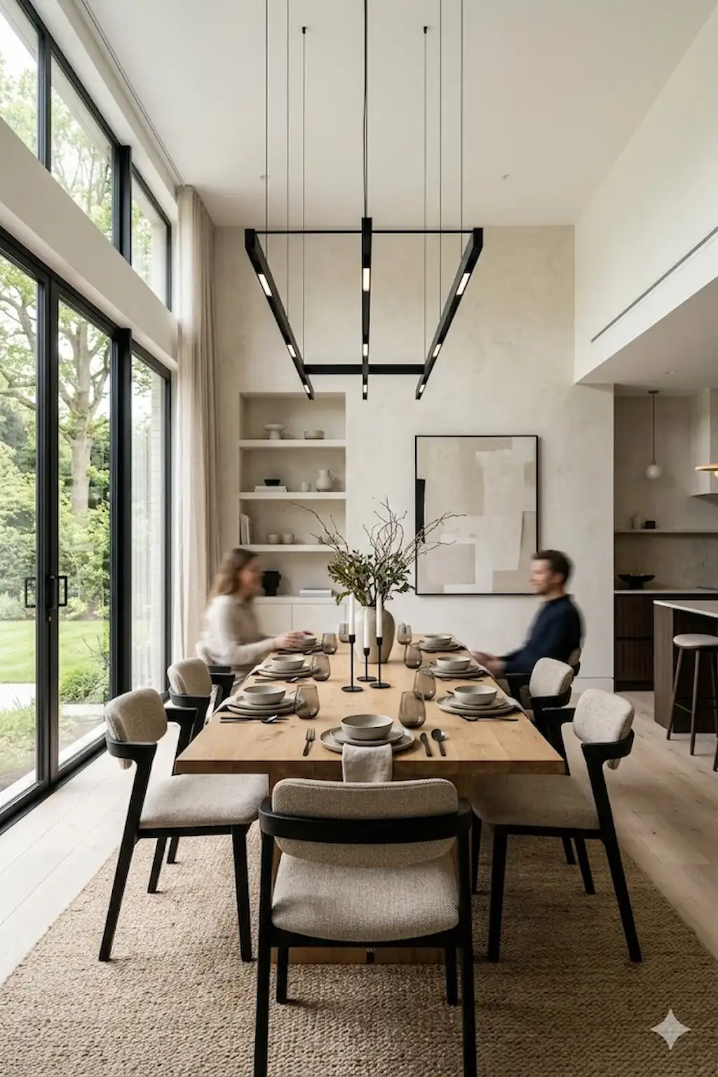 Modern dining room featuring a sleek linear chandelier above a wooden dining table