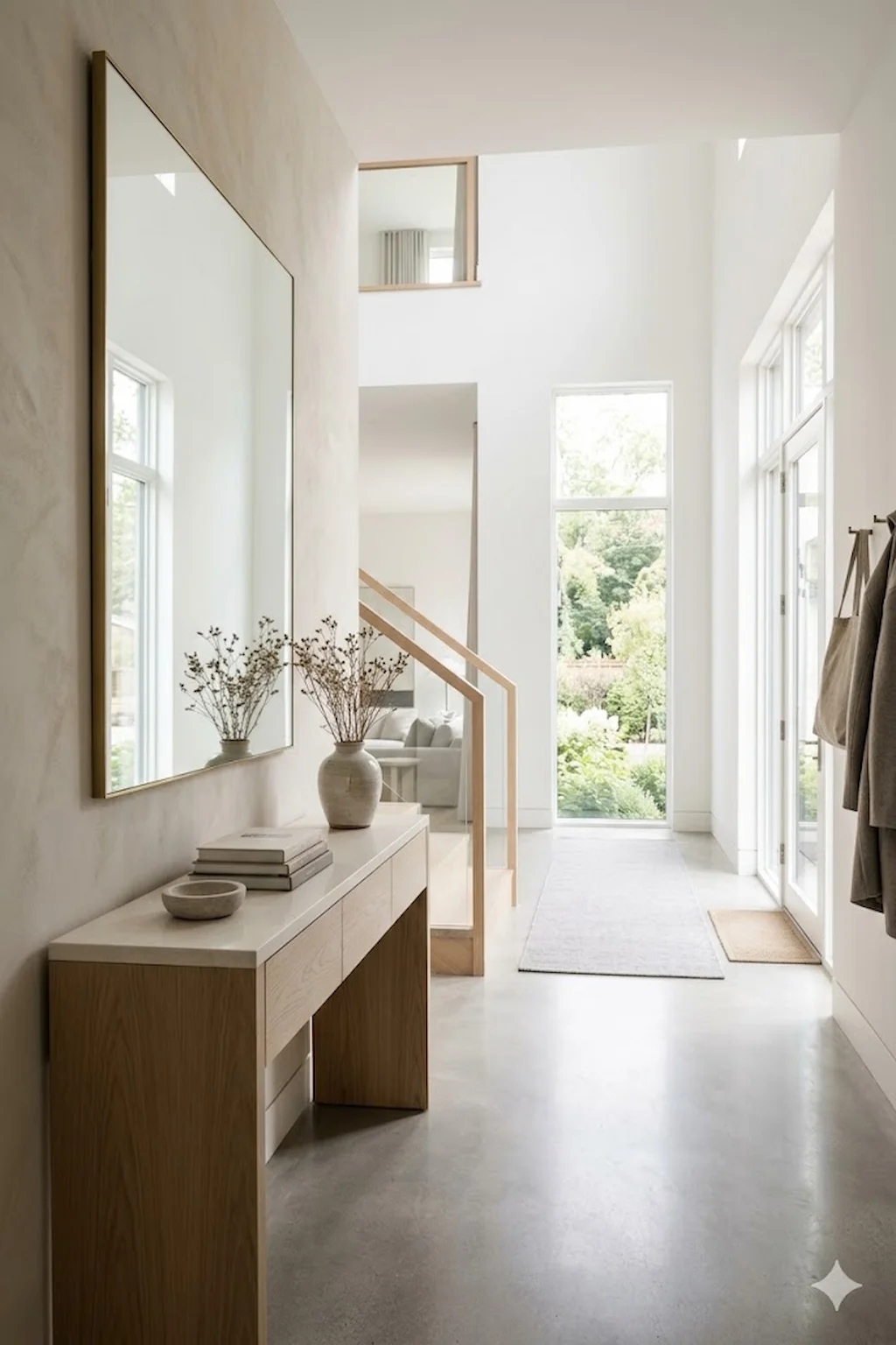 Minimalist foyer with clean lines, neutral colors, and sleek modern furniture