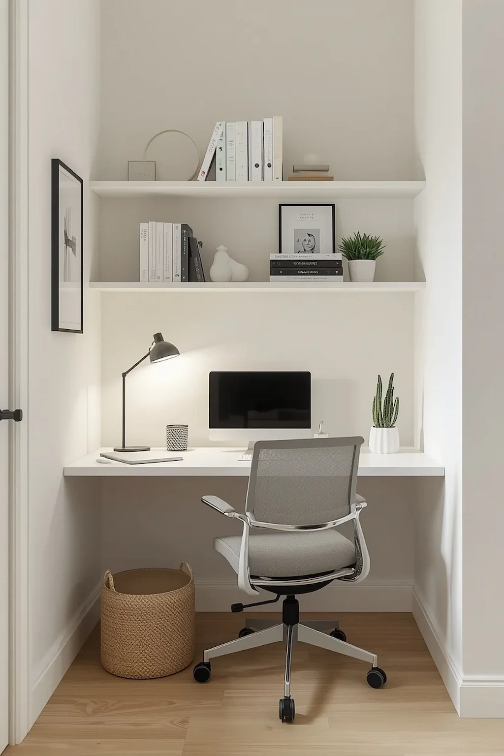 Small minimalist study nook with clean lines and neutral decor