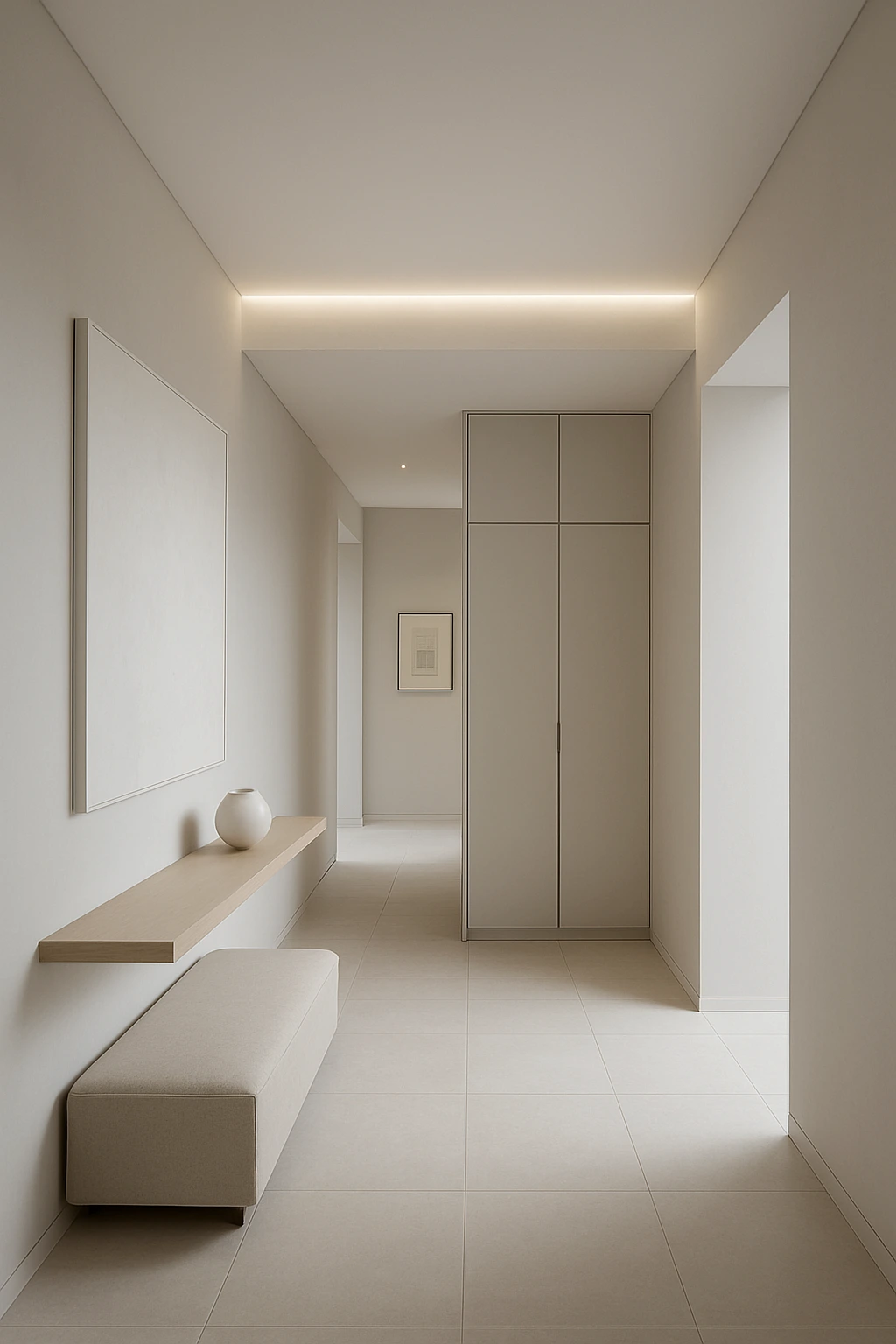 Minimalist upstairs hallway with clean lines, neutral tones, and uncluttered decor