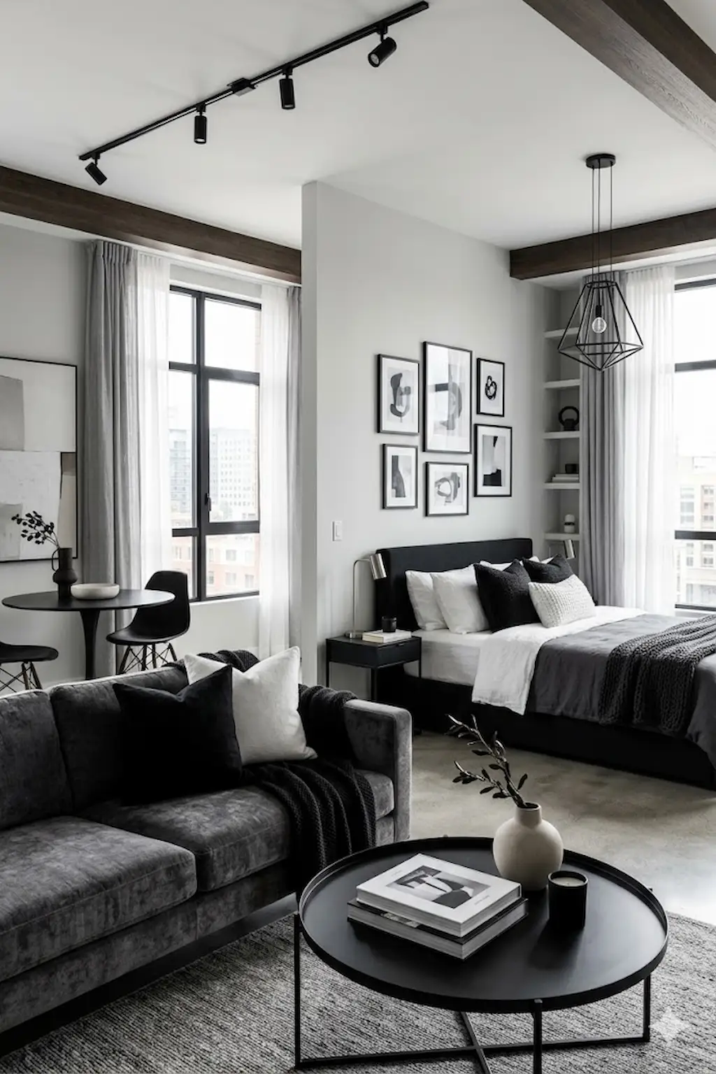 Sophisticated monochrome studio apartment with black, white, and gray decor