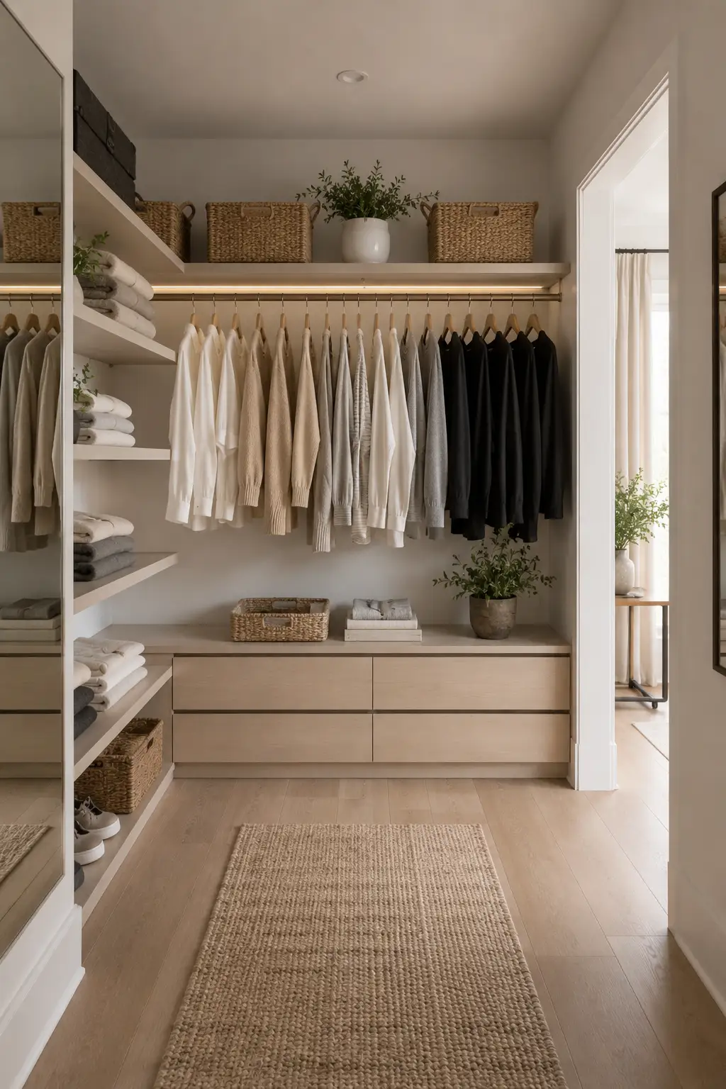 Stylish open closet with organized clothing display and minimalist design