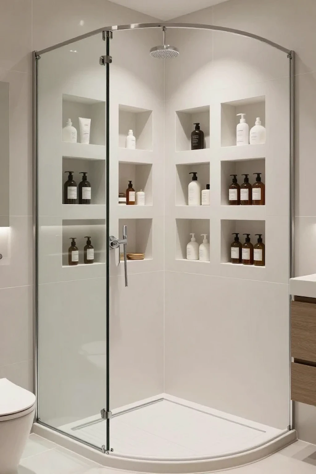 Curbless shower featuring sleek built-in wall niches for storage