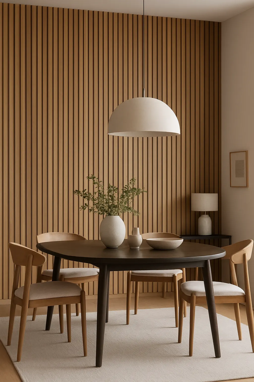 Dining room featuring a floor-to-ceiling wood slat accent wall