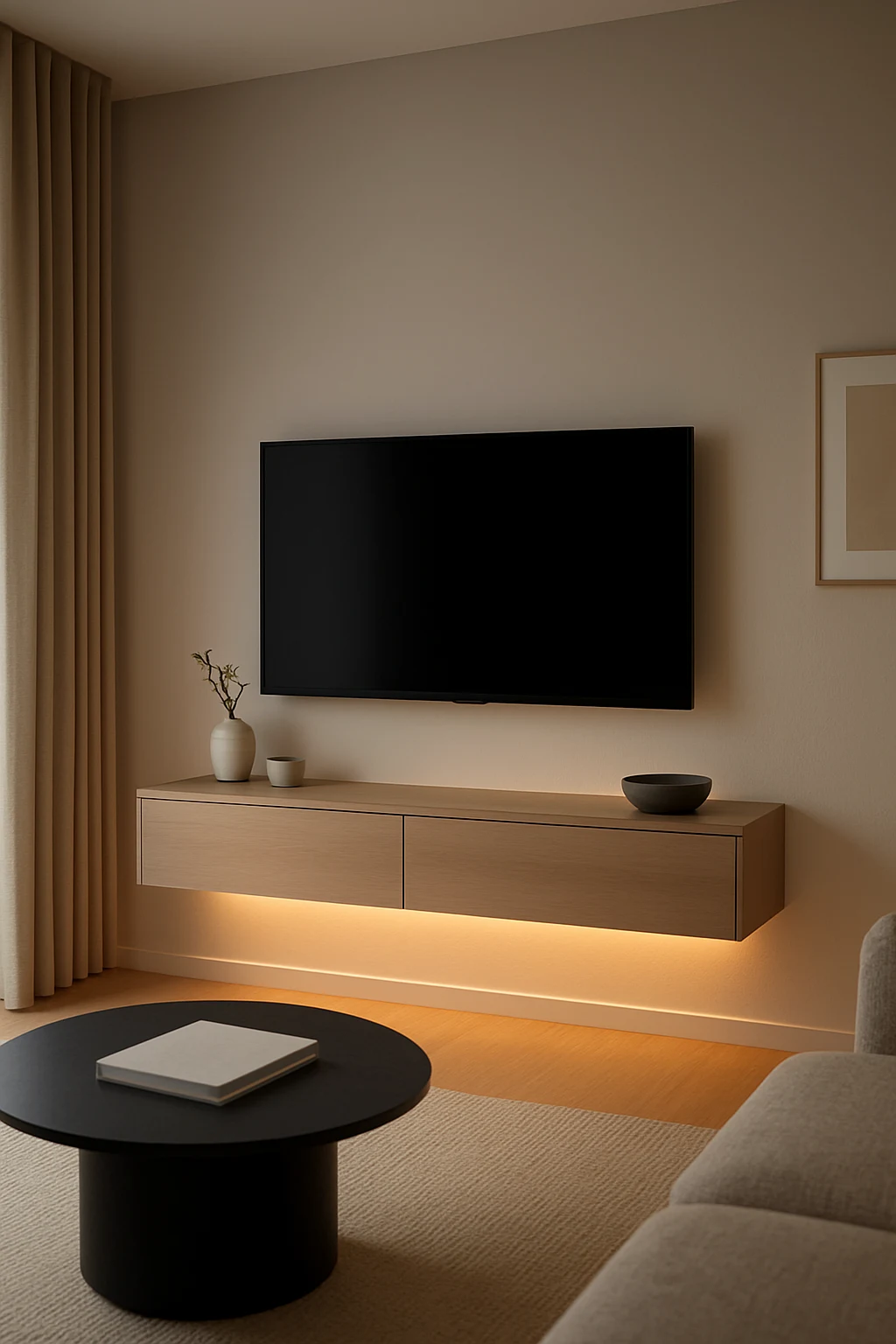 Small TV room featuring a wall-mounted television and floating media cabinet