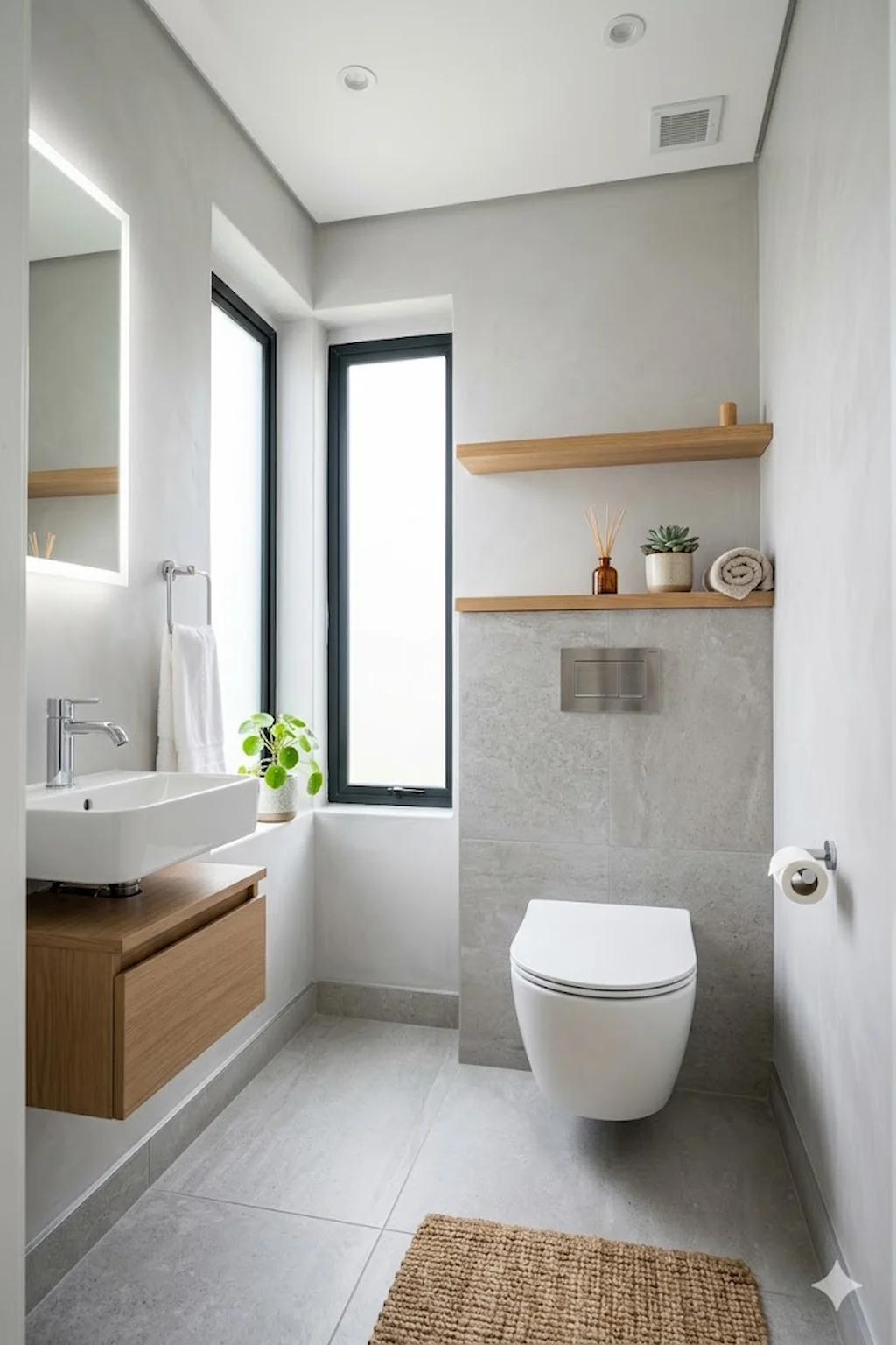 Small bathroom featuring a sleek wall-mounted toilet with hidden tank and minimalist modern design