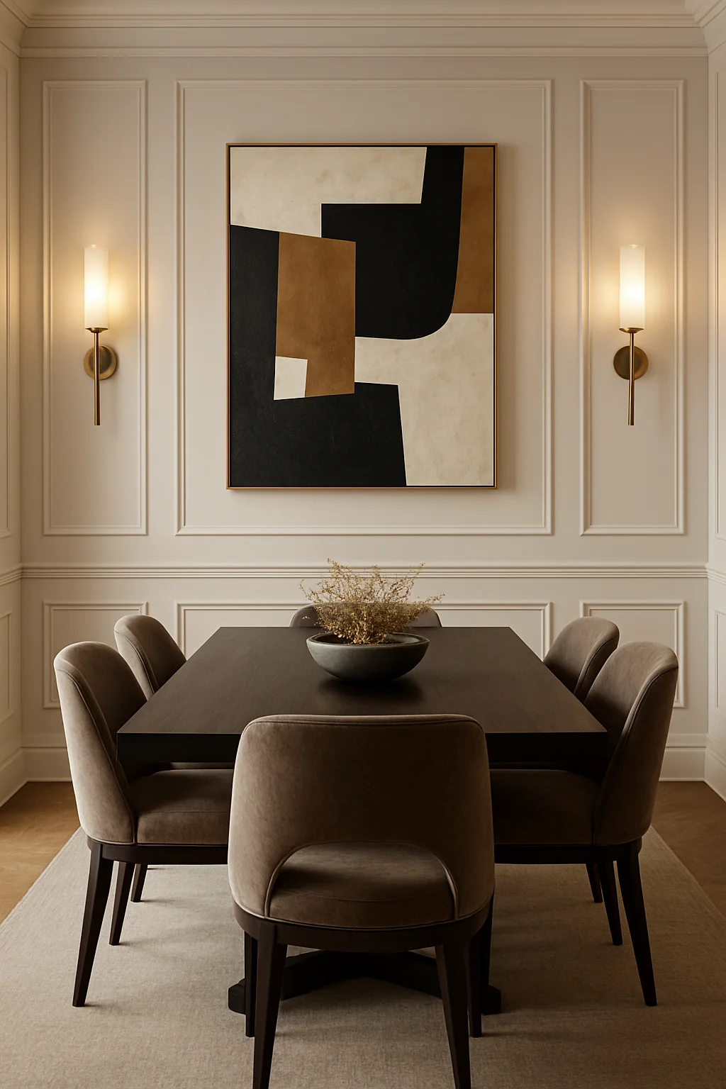 Elegant dining area illuminated by stylish wall sconces and warm lighting