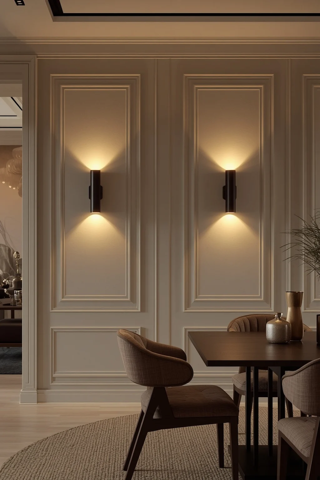 Elegant wall sconces providing ambient lighting in a modern dining room