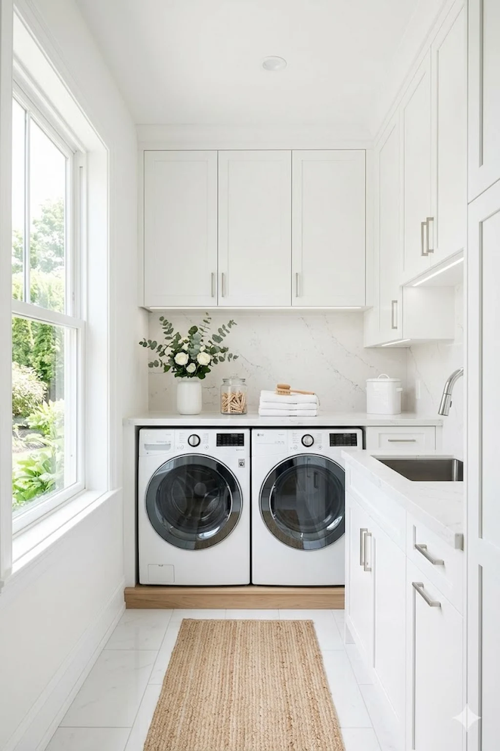 Bright white laundry room featuring a sleek washer and dryer set and white cabinetry