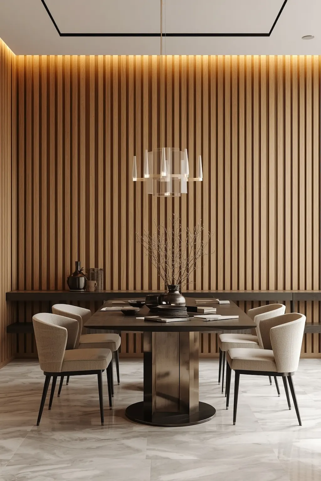 Stylish dining room featuring a floor-to-ceiling wood slat accent wall
