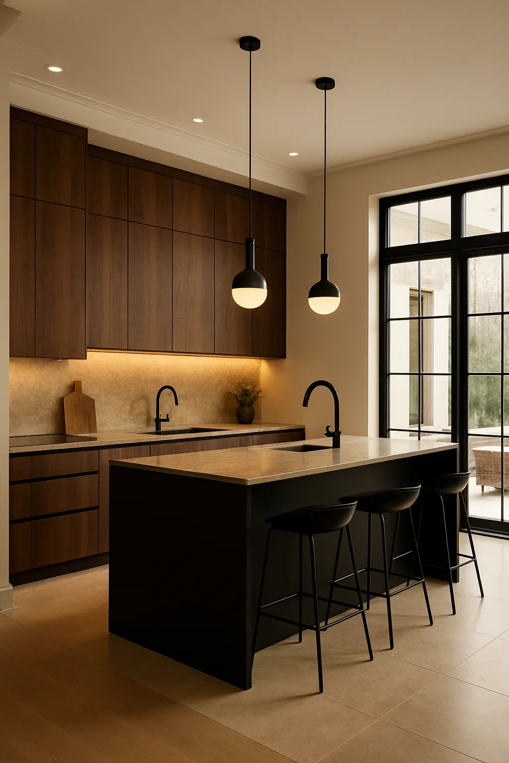 Contemporary open kitchen with walnut cabinetry and matte black accents