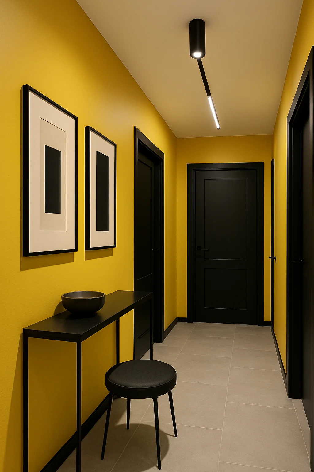 Contemporary hallway featuring bright yellow walls paired with bold black accents