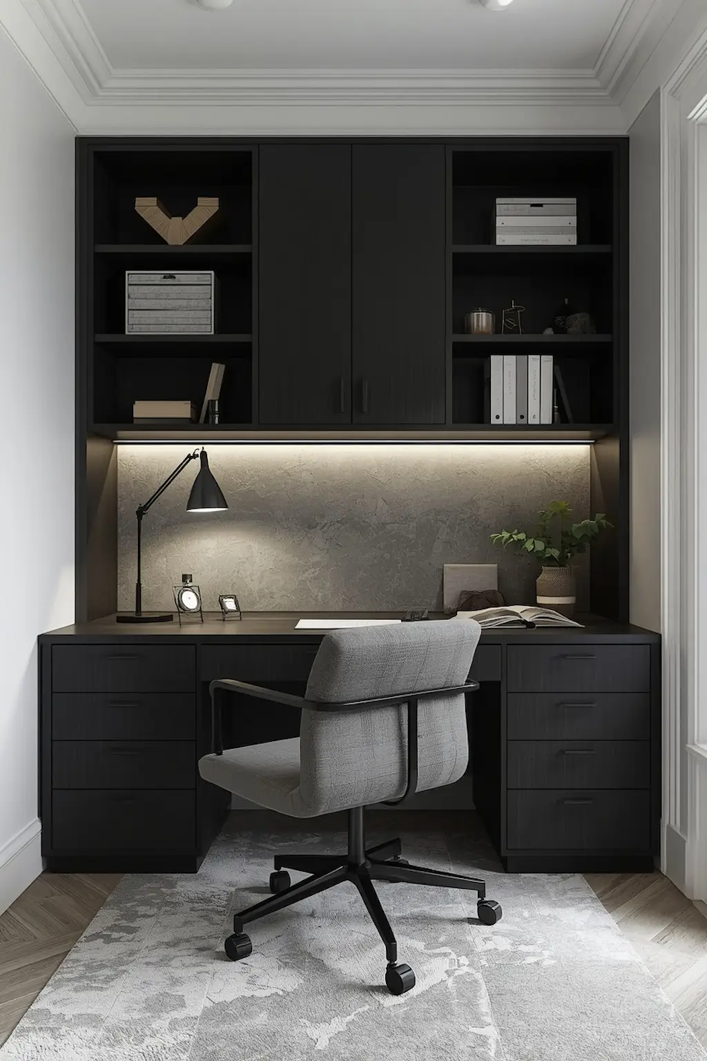 Modern monochrome study workspace with black and white design