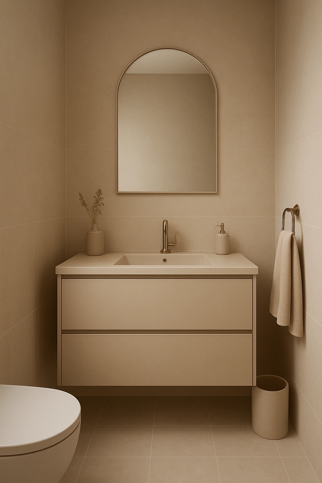 Small toilet room decorated in a seamless monochromatic neutral color palette