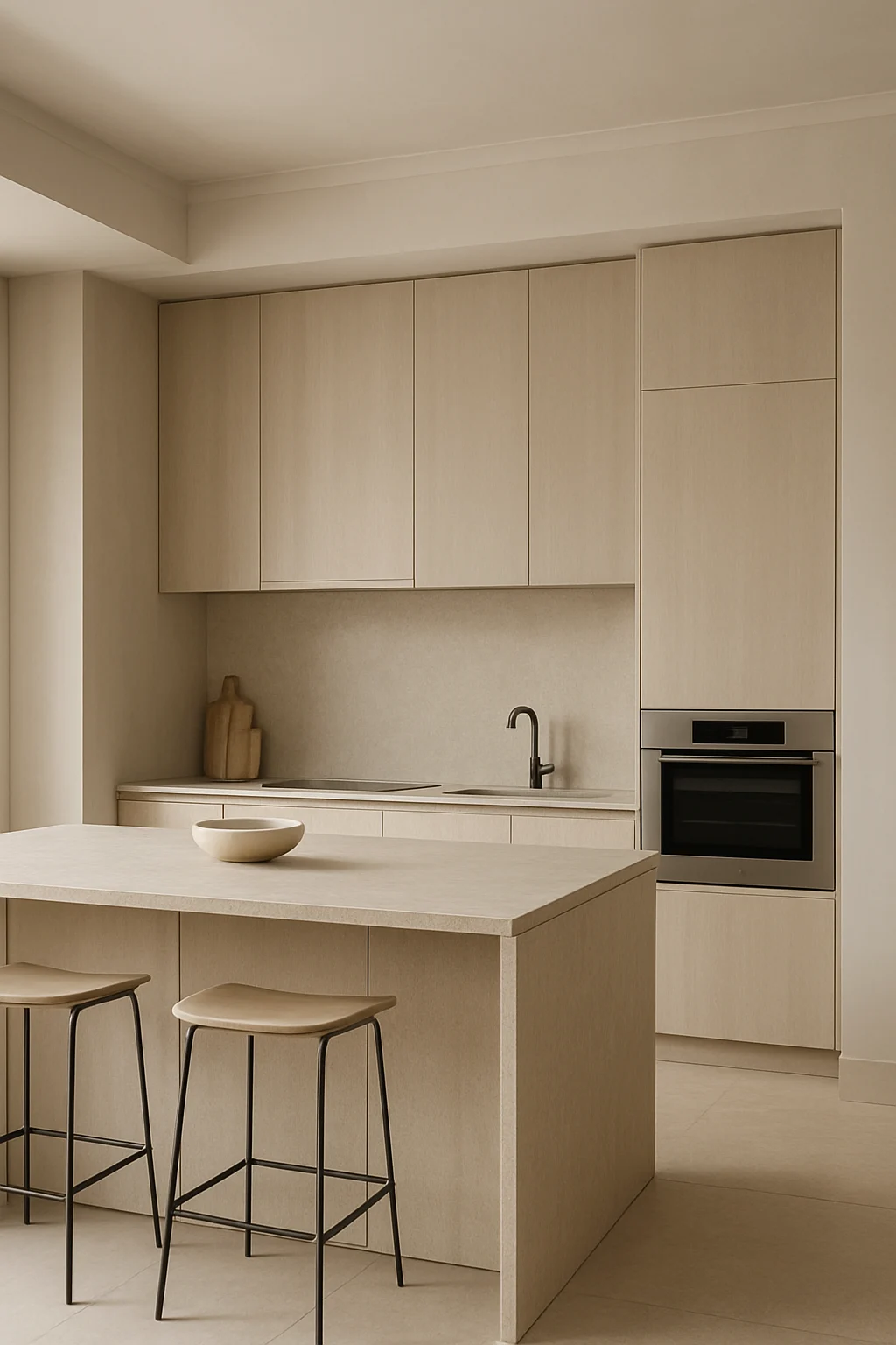 Elegant monochromatic kitchen with layered neutral tones