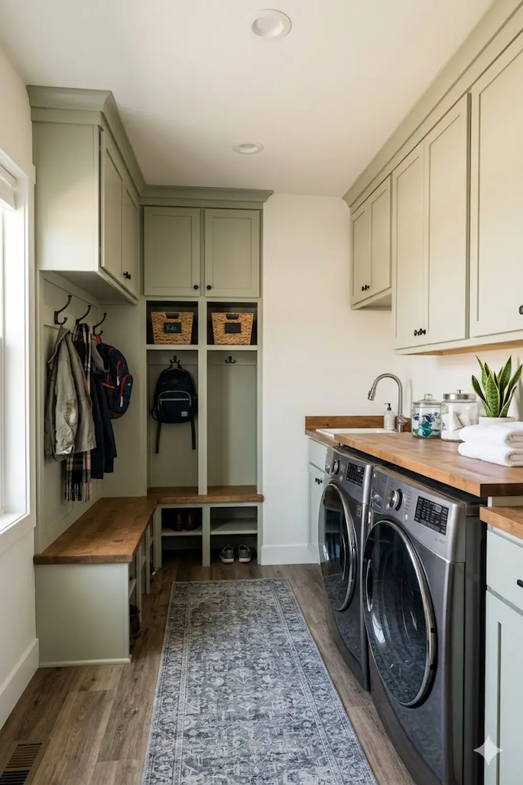 Functional mudroom and laundry room combination with built-in storage and appliances
