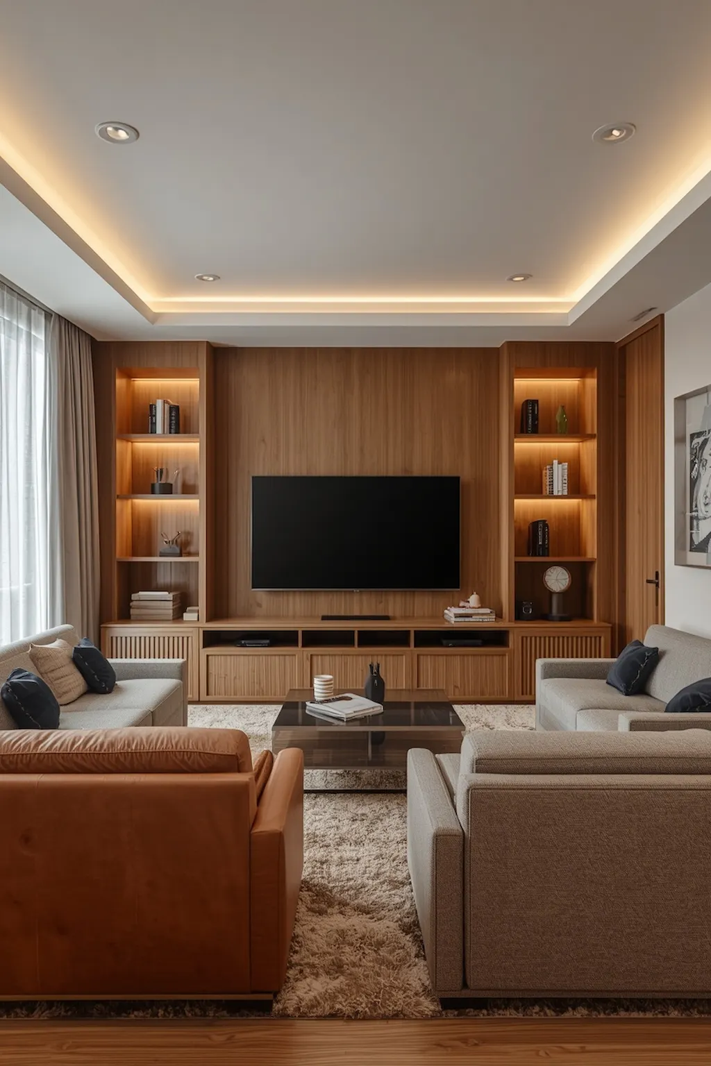 Family-friendly TV room with flexible seating and smart storage solutions