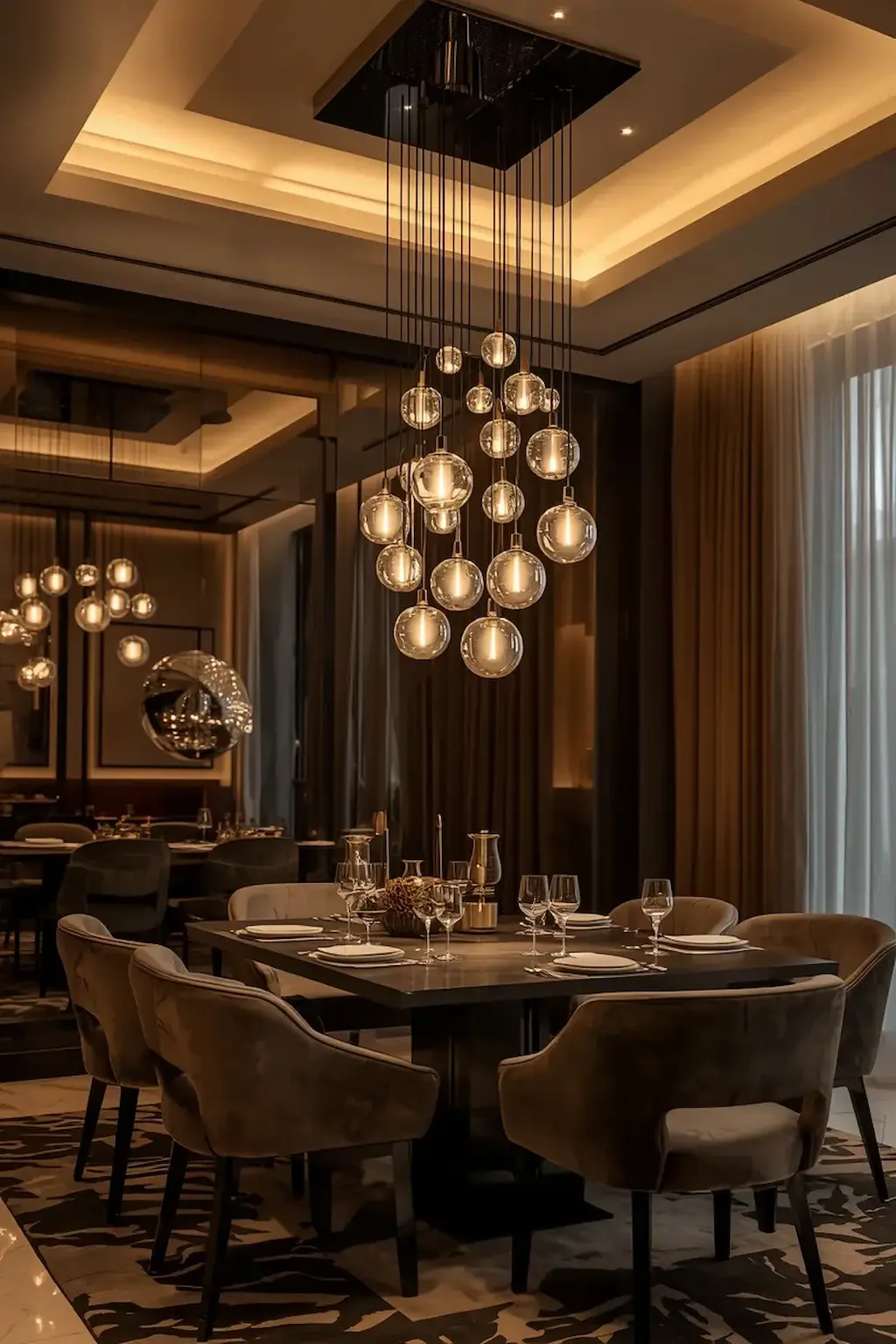 Contemporary dining room with a cluster pendant light fixture