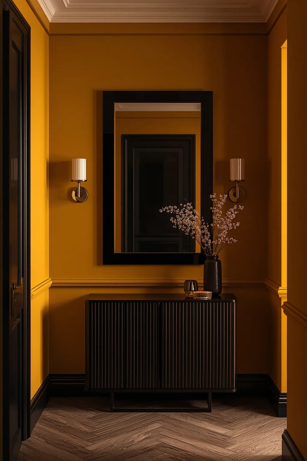 Stylish hallway featuring rich mustard yellow walls with black and brass accents