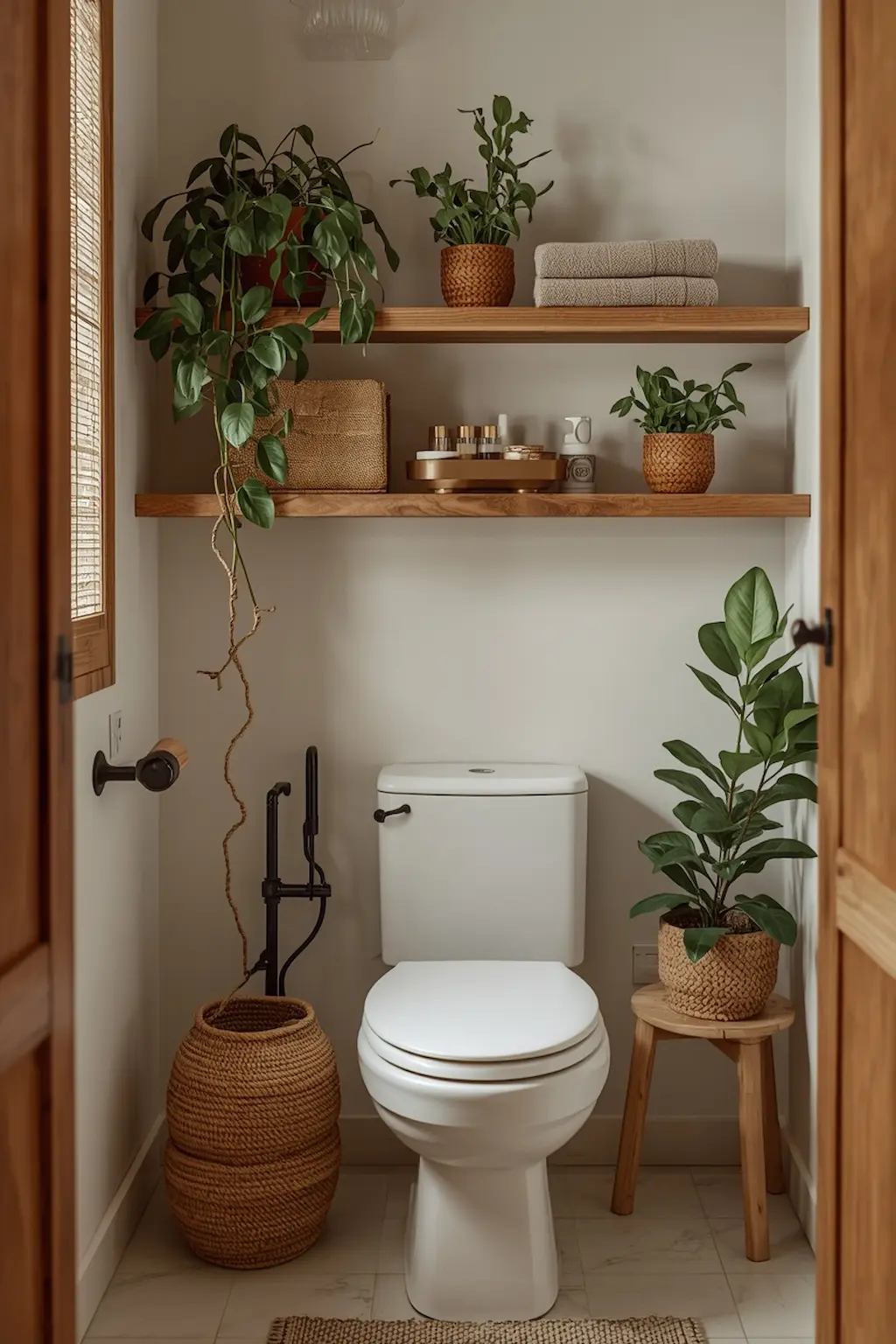 Compact bathroom featuring wooden shelves, plants, and natural textures