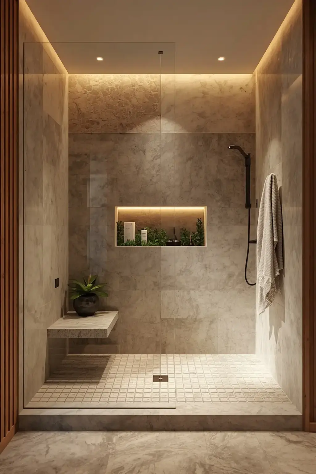 Curbless shower with natural stone walls and organic spa-inspired styling.