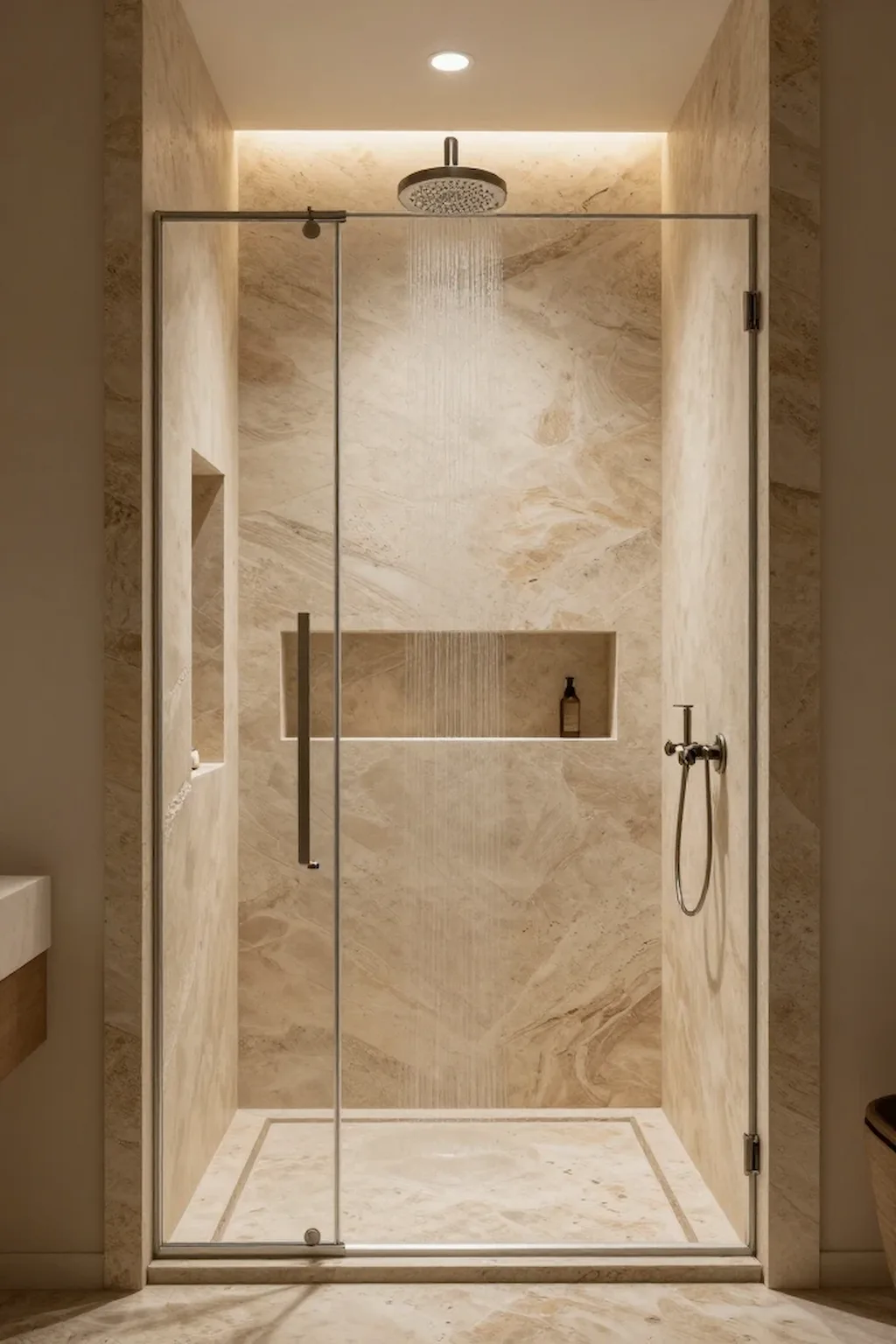 Luxury walk-in shower with natural stone walls and organic textures