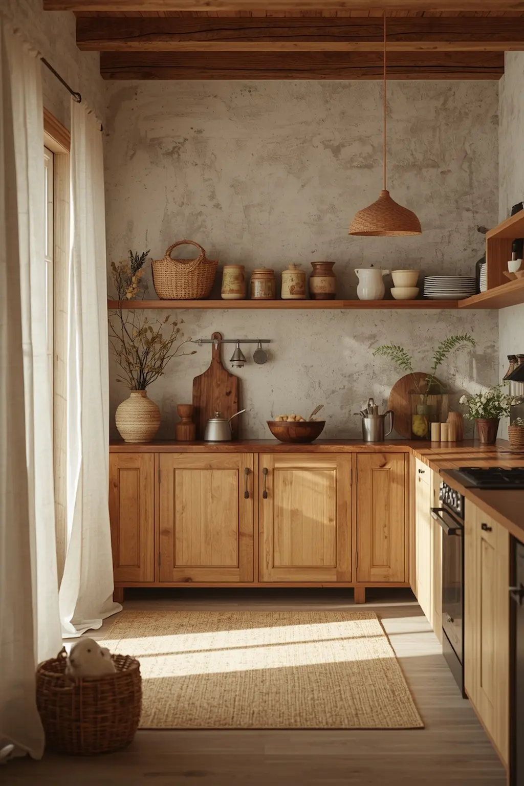 Cozy kitchen featuring linen curtains, woven baskets, and earthy textures