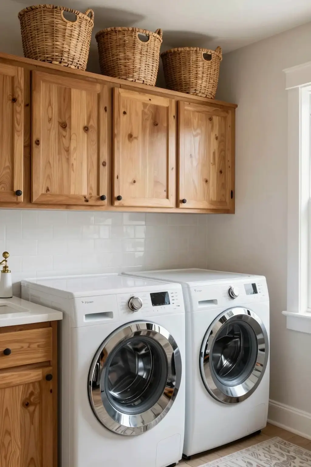 Warm laundry room featuring natural wood cabinets and modern washer dryer appliances