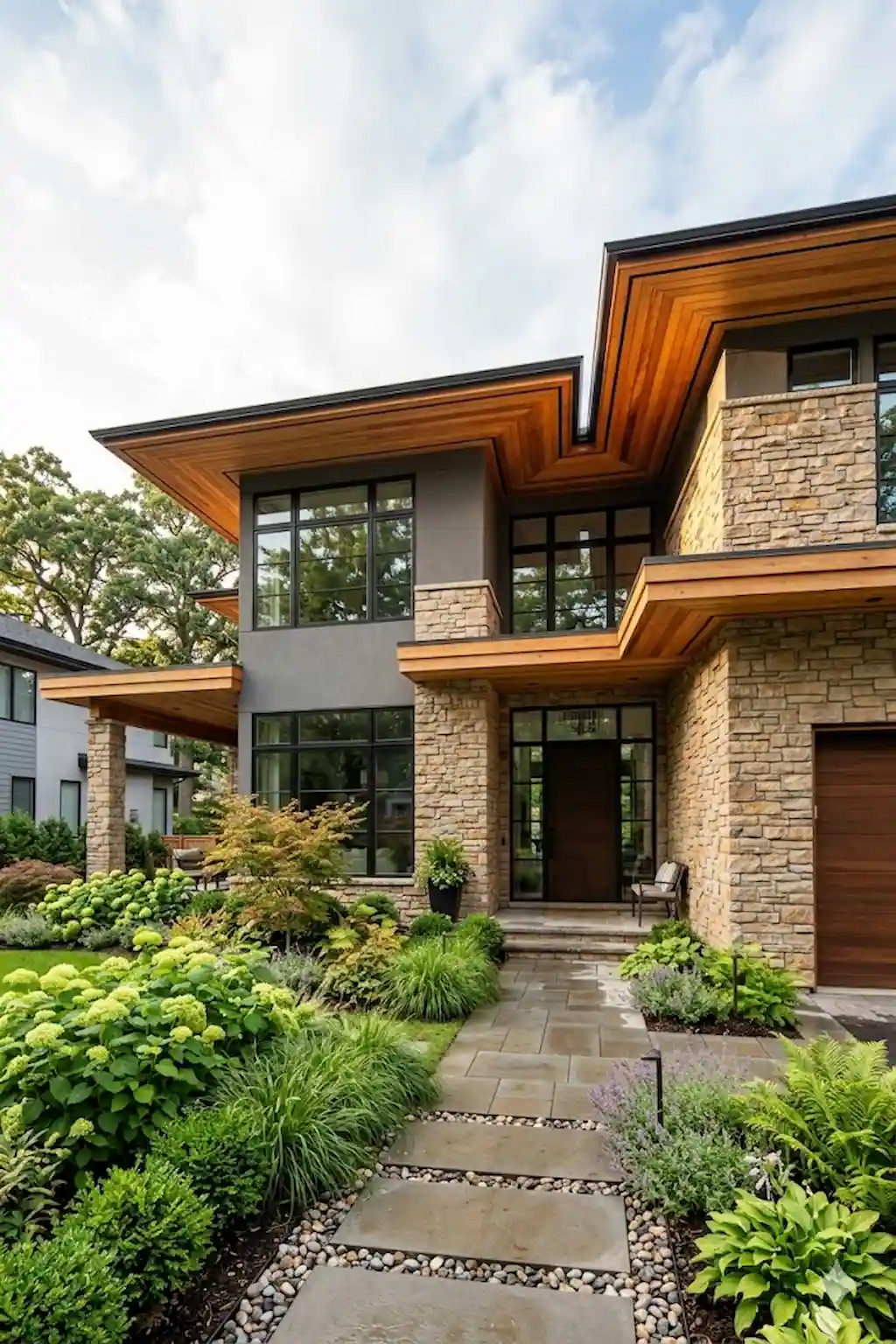 Home exterior featuring natural wood soffit with warm cedar tones and modern curb appeal