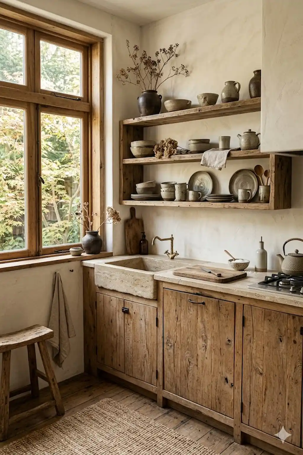 Wabi Sabi kitchen with warm natural wood cabinets and handcrafted pottery