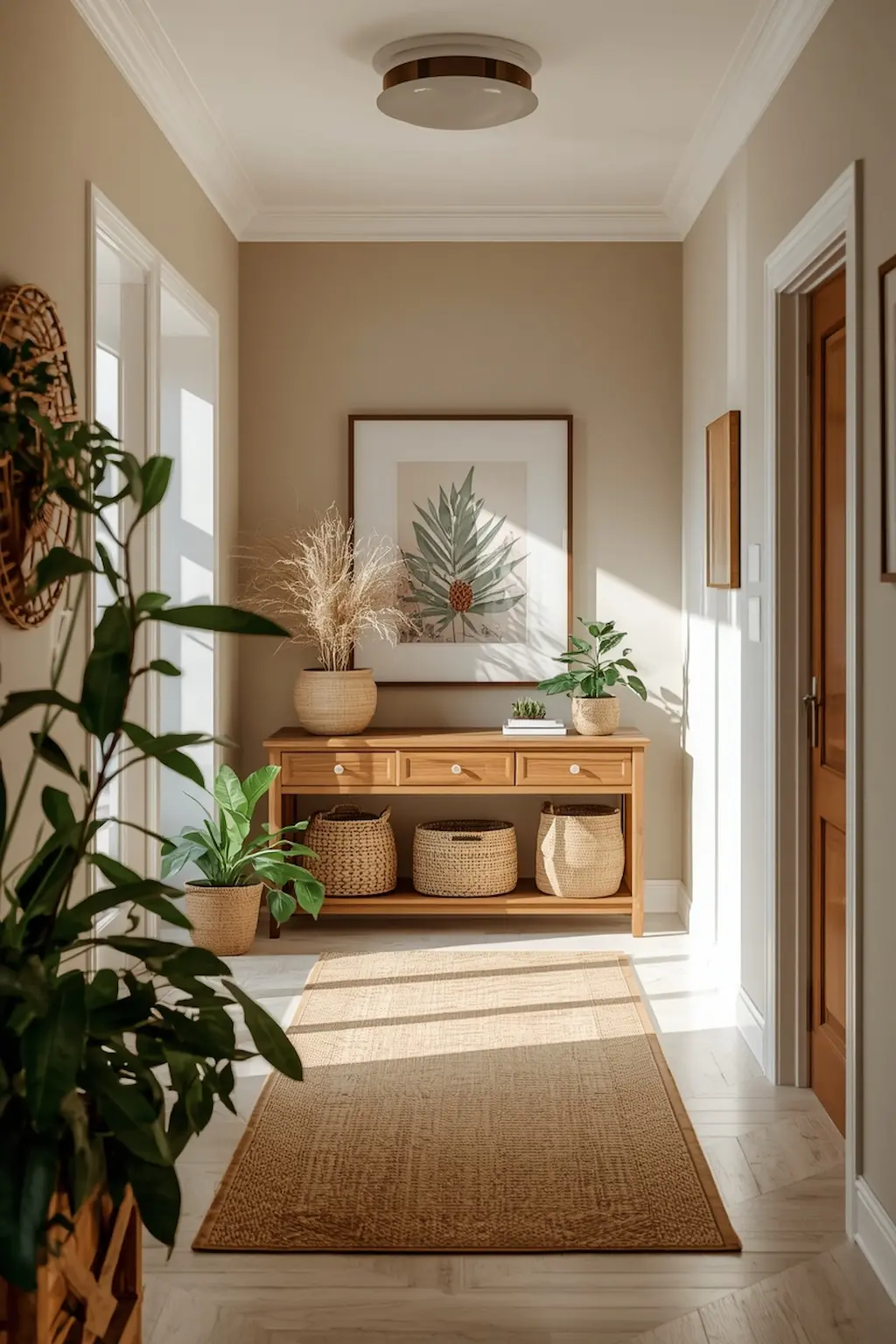 Hallway decorated with plants, wood furniture, and natural materials