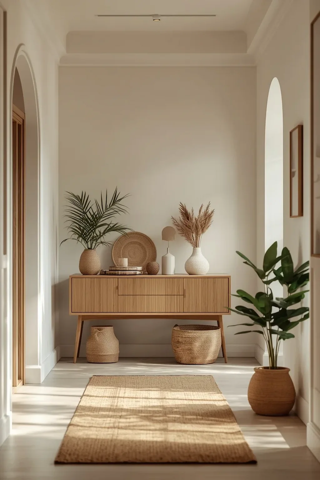 Tiny hallway decorated with plants, wood accents, and natural textures