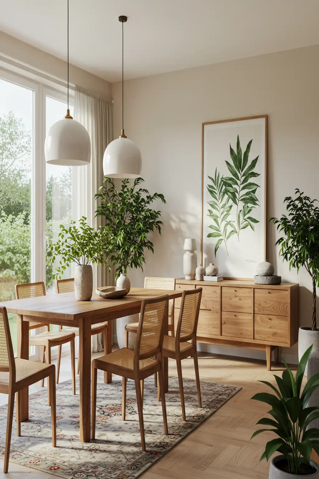 Scandinavian dining room filled with indoor plants and natural materials
