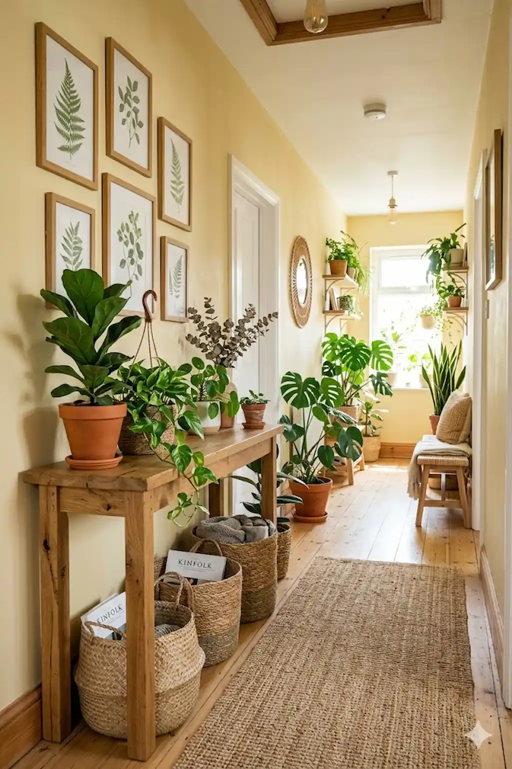 Bright hallway featuring yellow walls, indoor plants, wood furniture, and botanical decor
