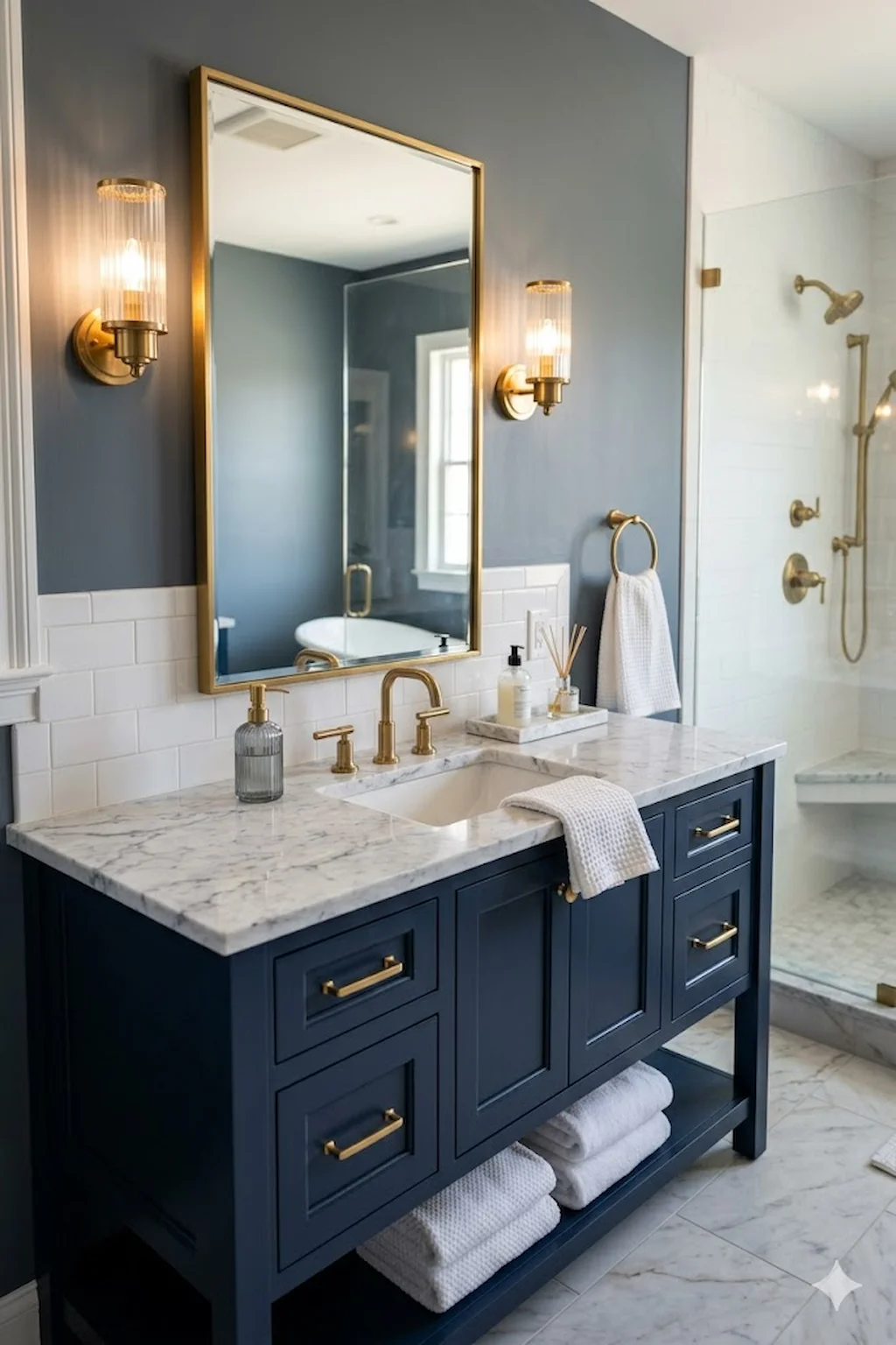 Elegant bathroom featuring a bold navy blue vanity cabinet with gold accents