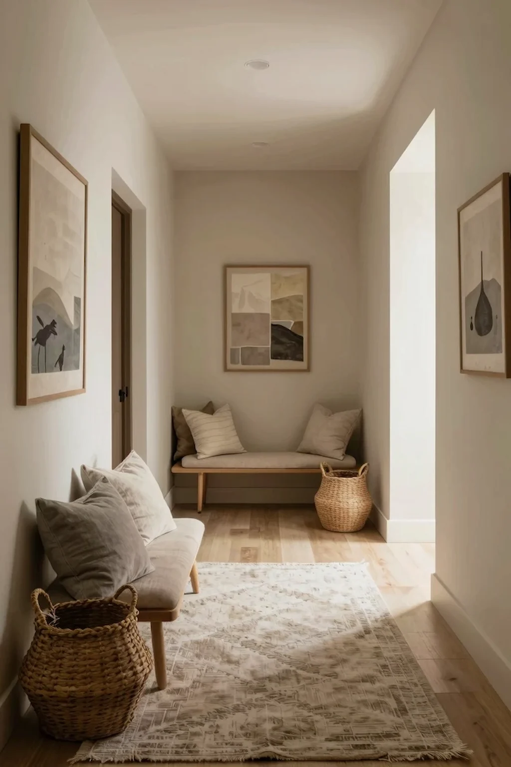 Warm neutral foyer featuring layered textures and inviting decor