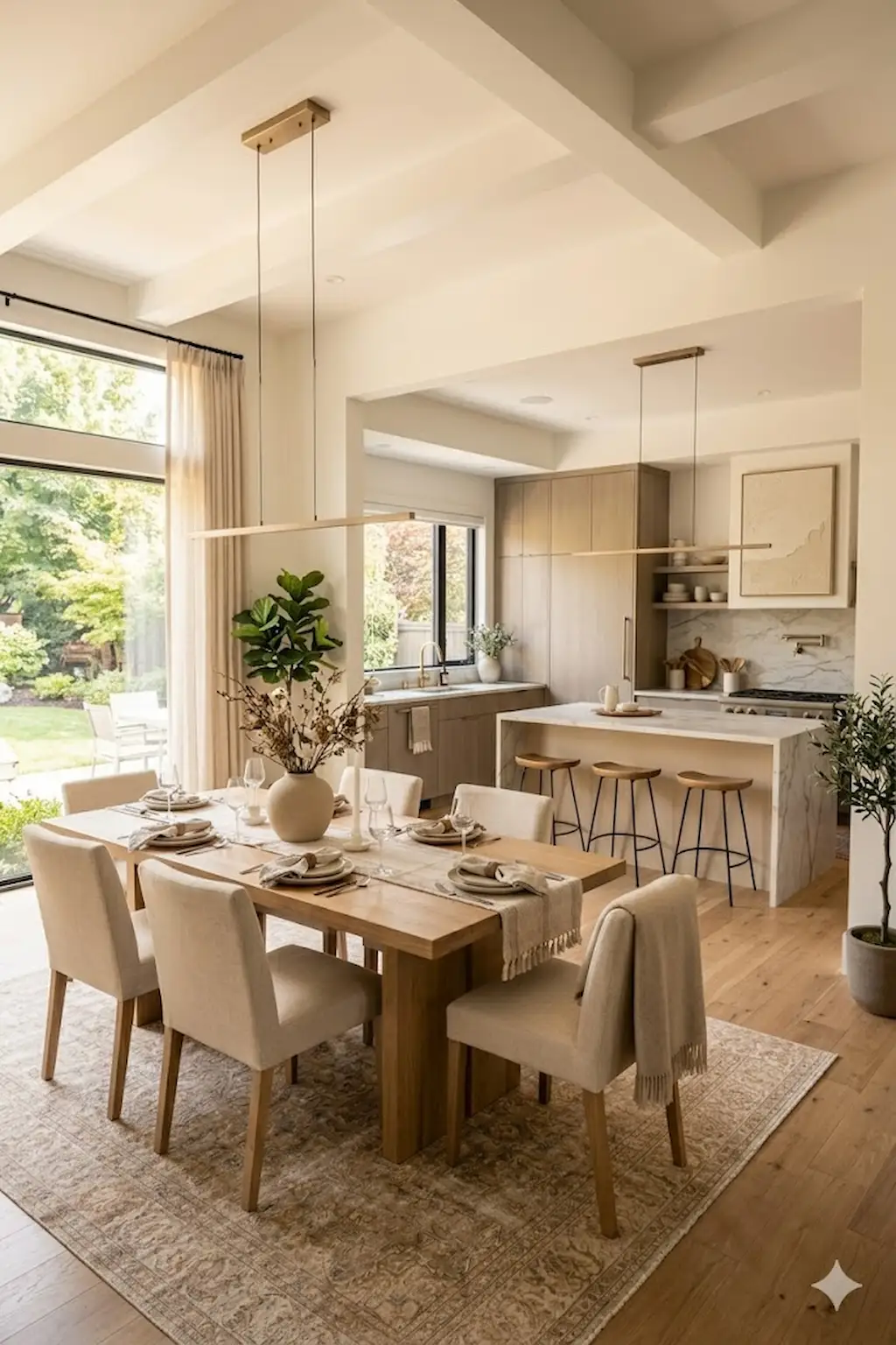 Elegant dining room decorated in beige, cream, and warm gray tones
