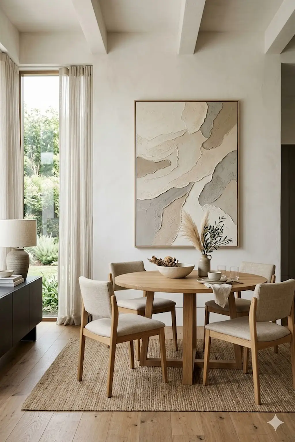Dining room decorated with oversized neutral textured wall art